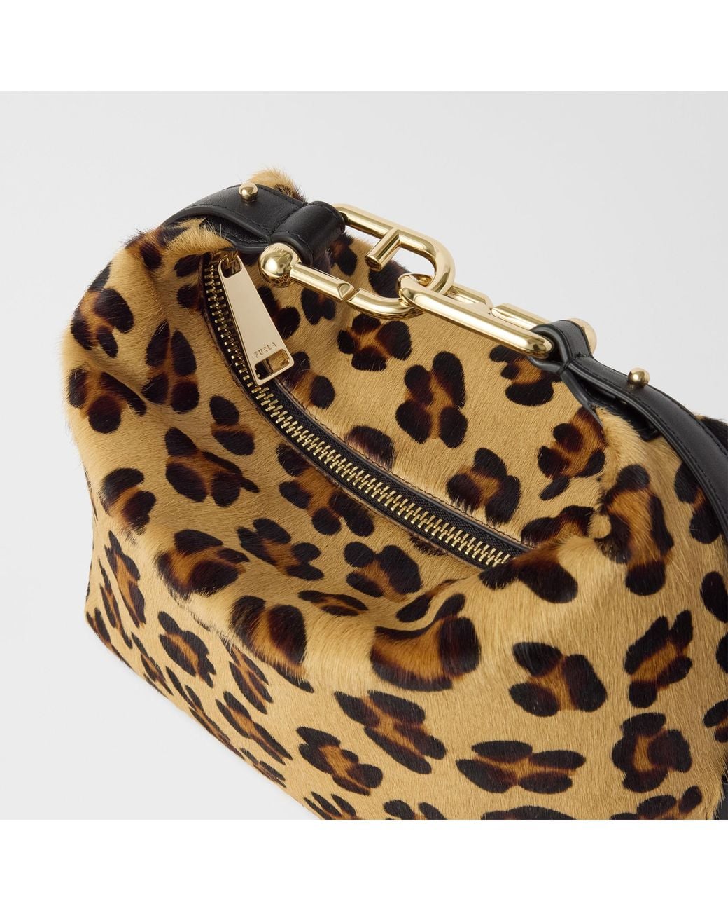 Furla Metallic Tonie Shoulder Bag Toni Cioccolato Leopard Print Pony Calf Leather