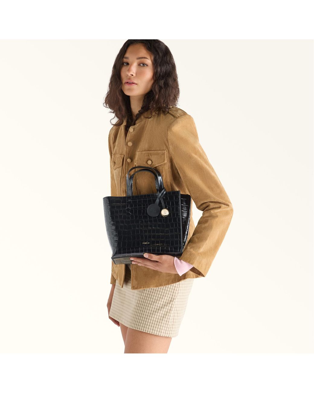 Furla Black Divide It Tote Nero Cocco Print Calf Leather