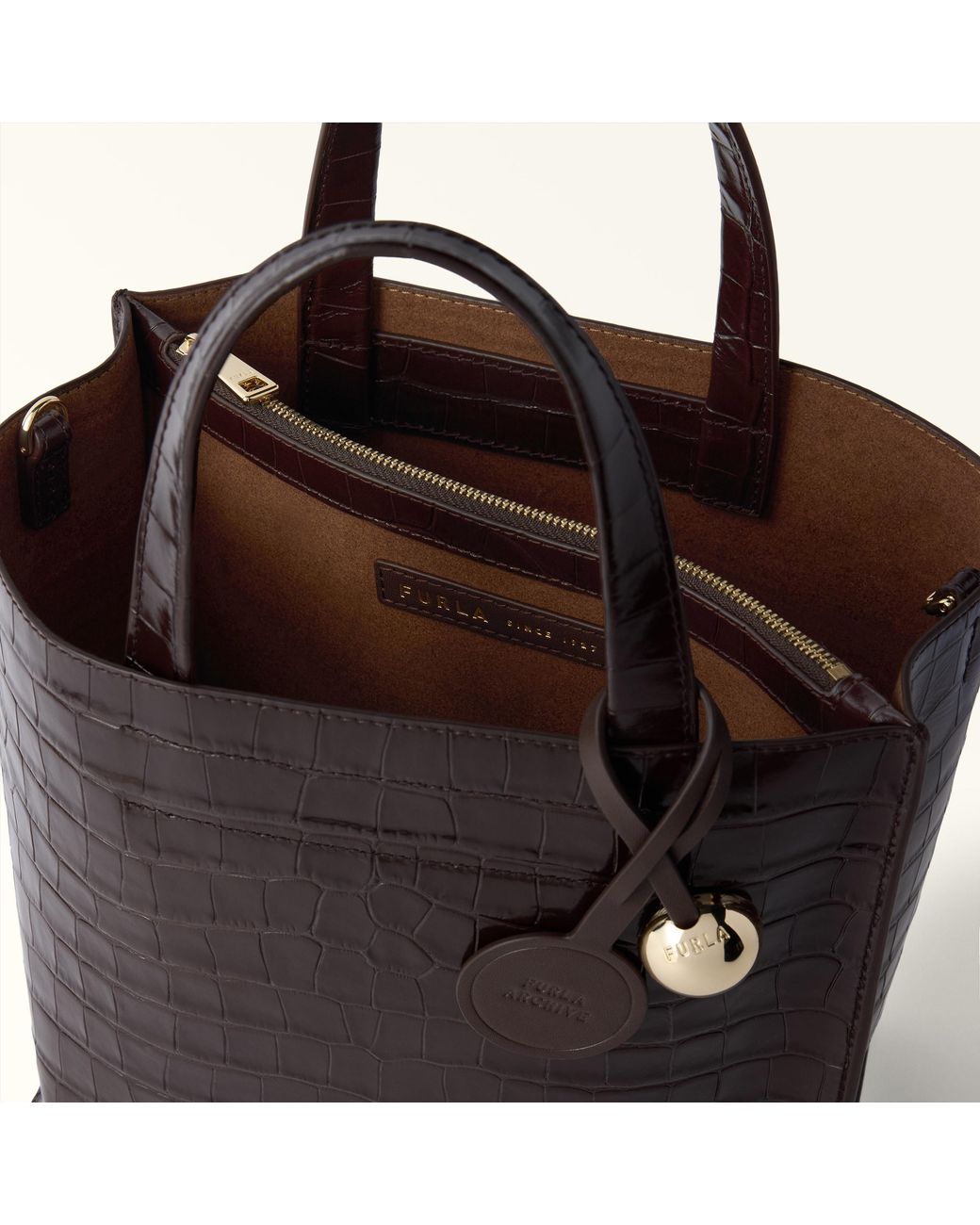 Furla Black Divide It Tote Cioccolato Cocco Print Calf Leather