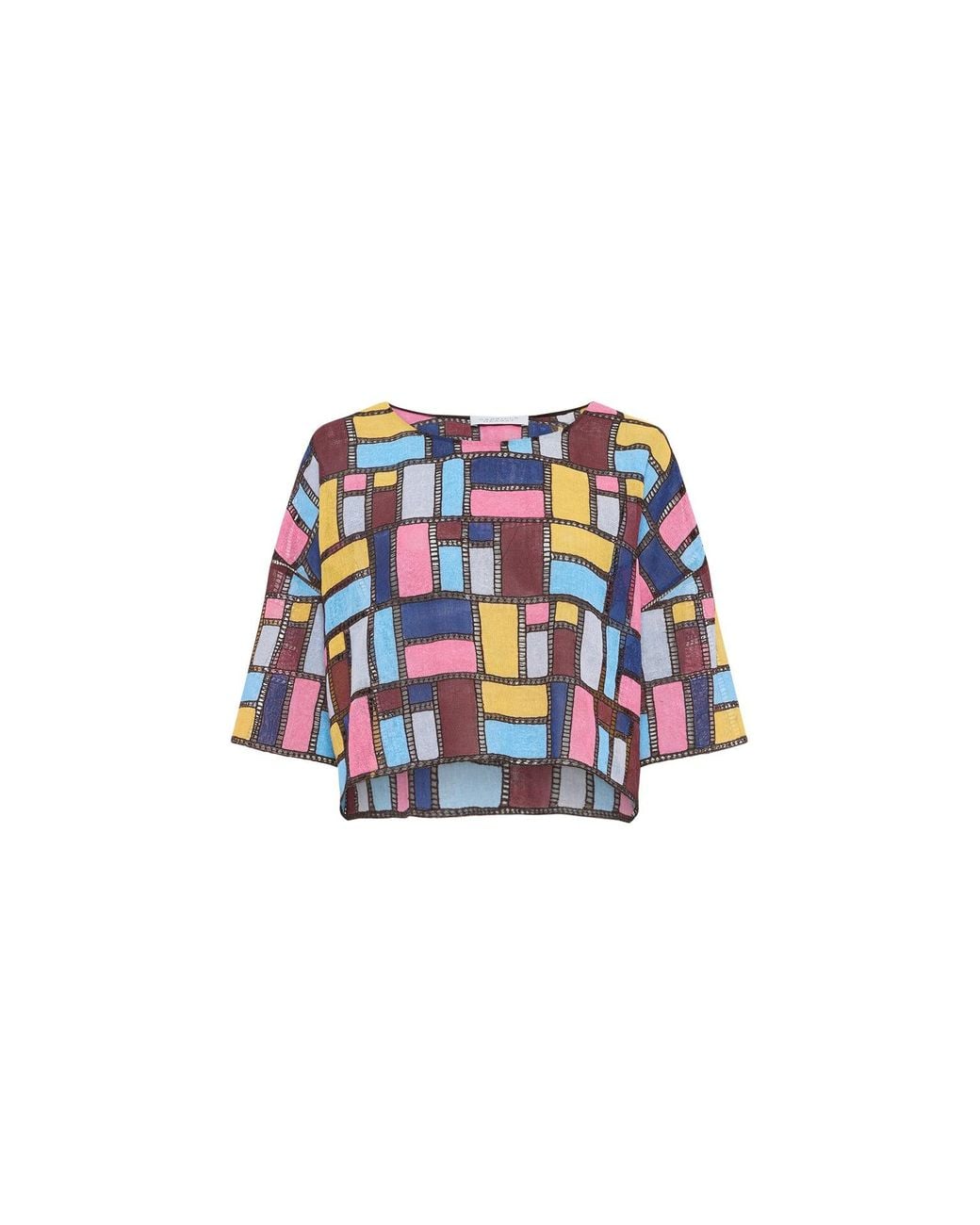 Gabriela Hearst Blue Tatia Patchwork Embroidered Cropped Top