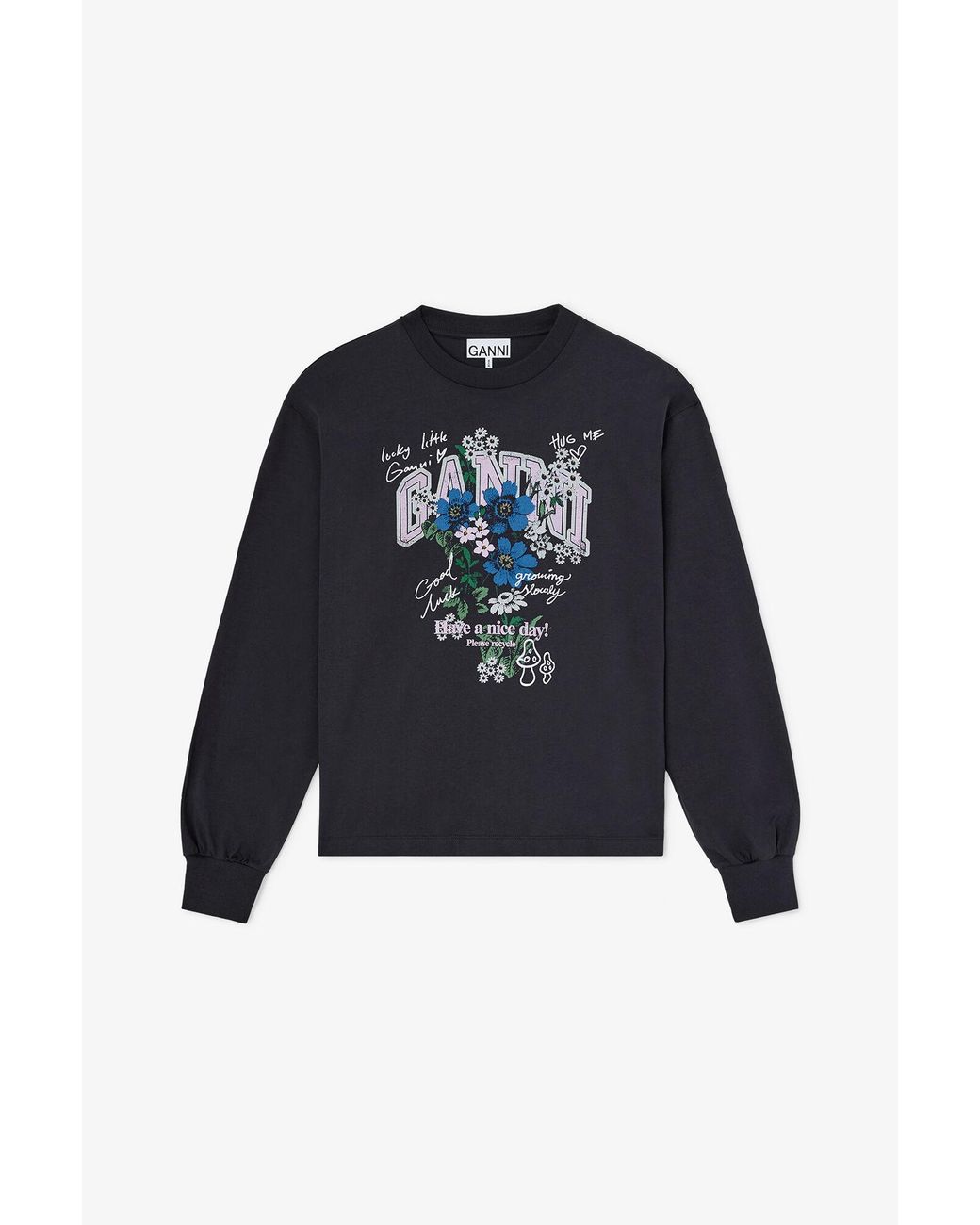 Ganni Blue Long-Sleeve T-Shirt With Flowers