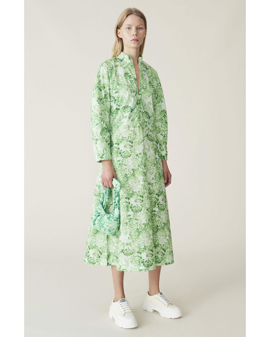 Ganni Floral Print Cotton Poplin Dress in Green | Lyst UK