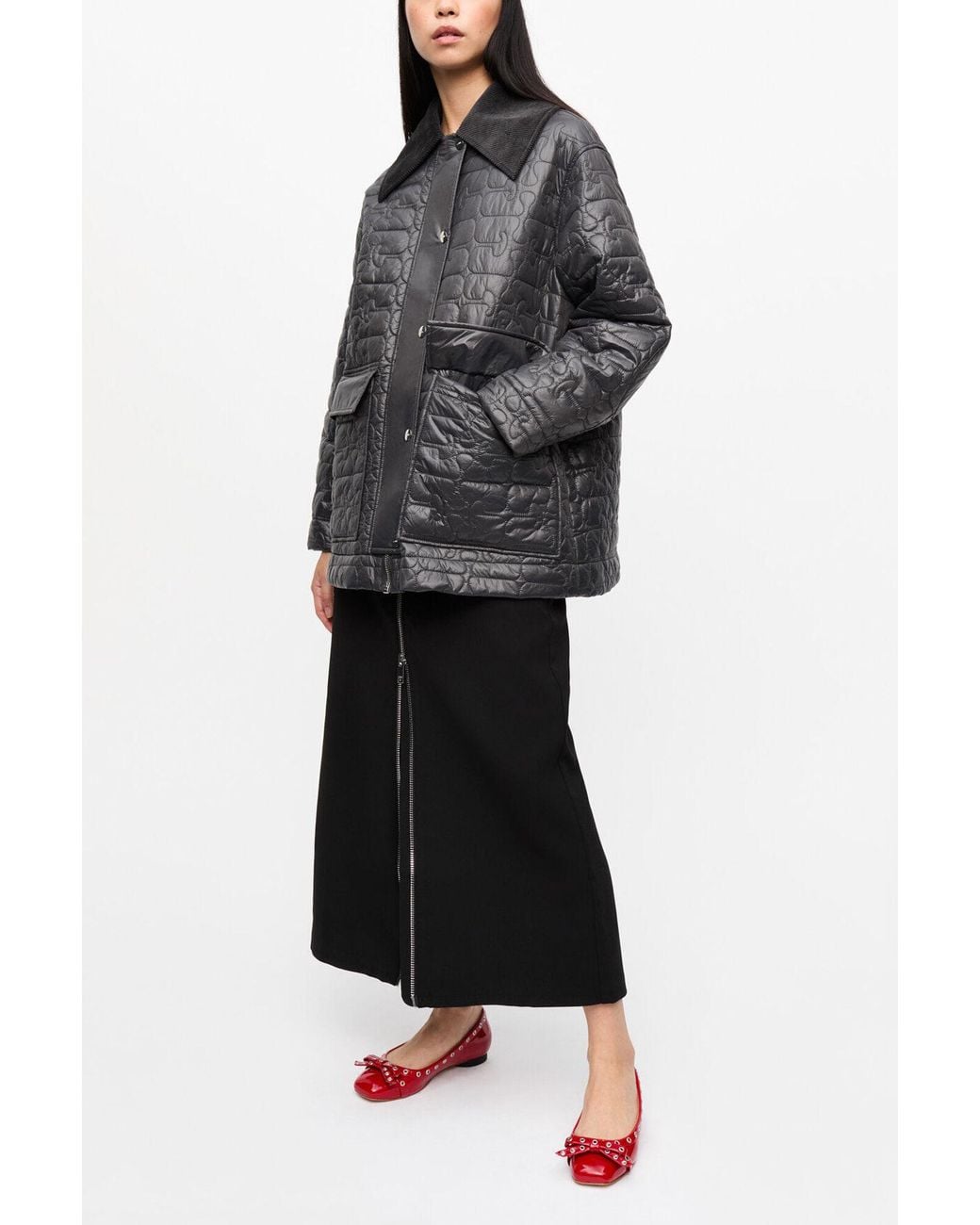 Ganni Black Shiny Quilt Midi Jacket Nylon