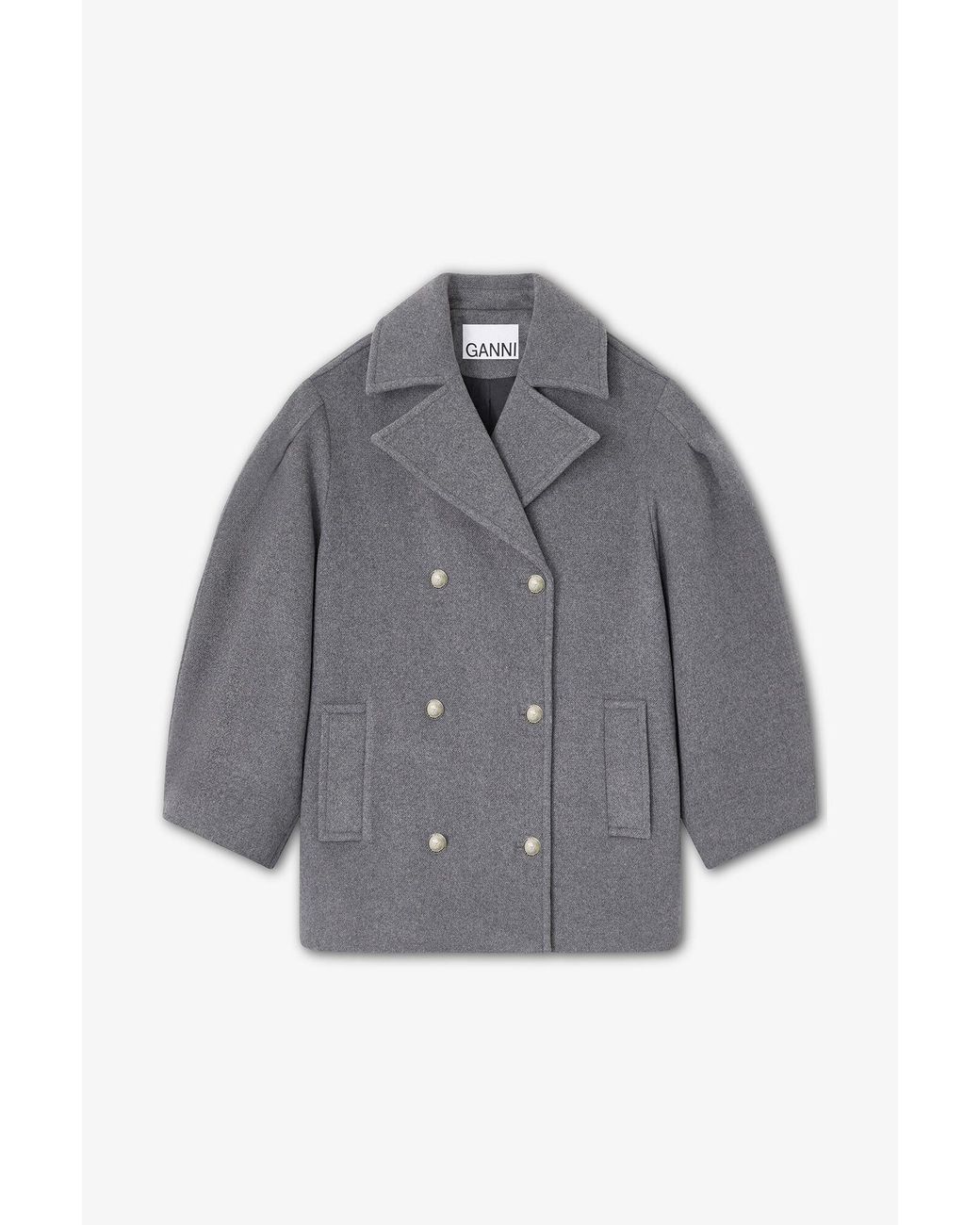 Ganni Gray Wool Oversized Midi Peacoat
