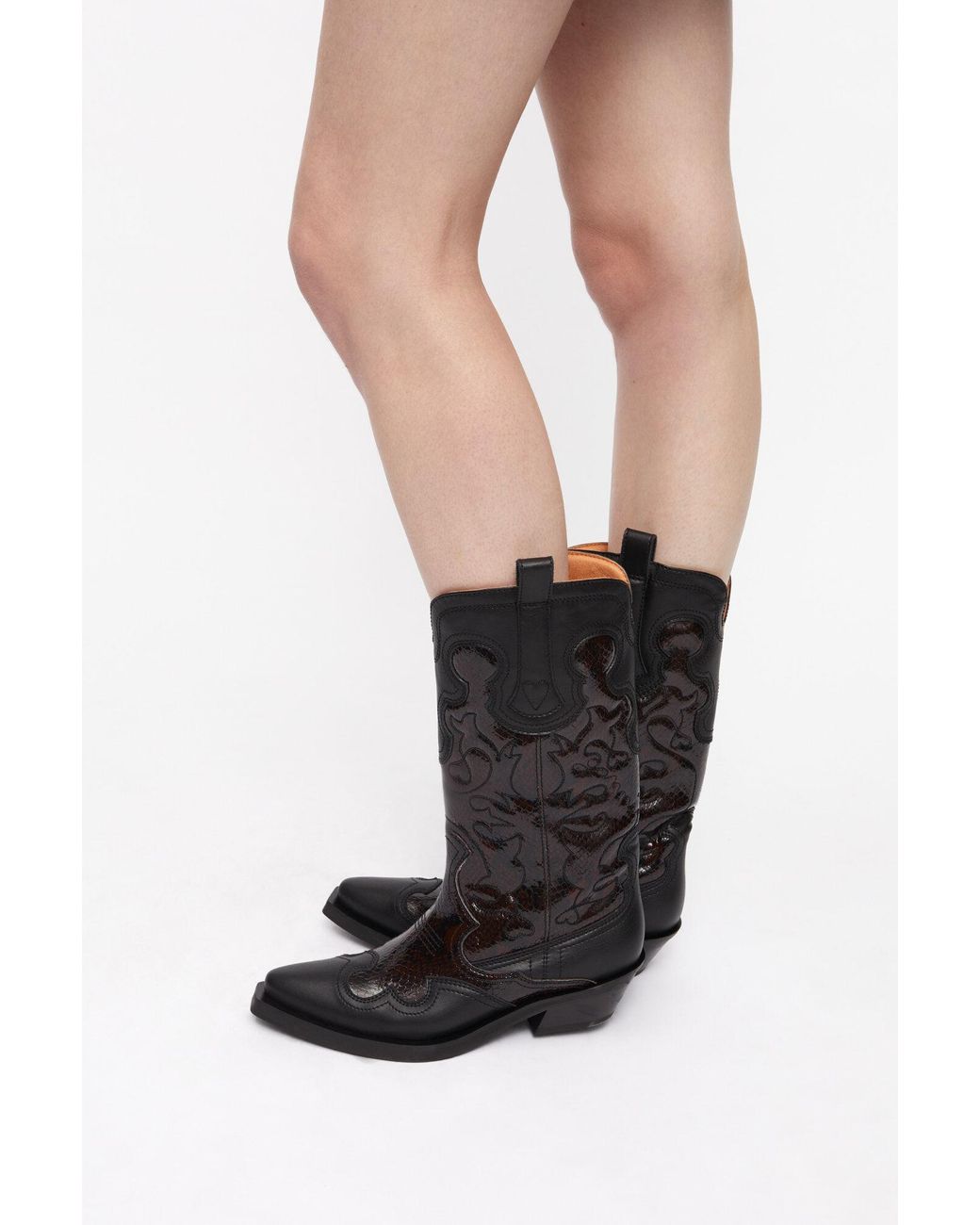 Ganni Black Mid Shaft Embroidered Western Boots