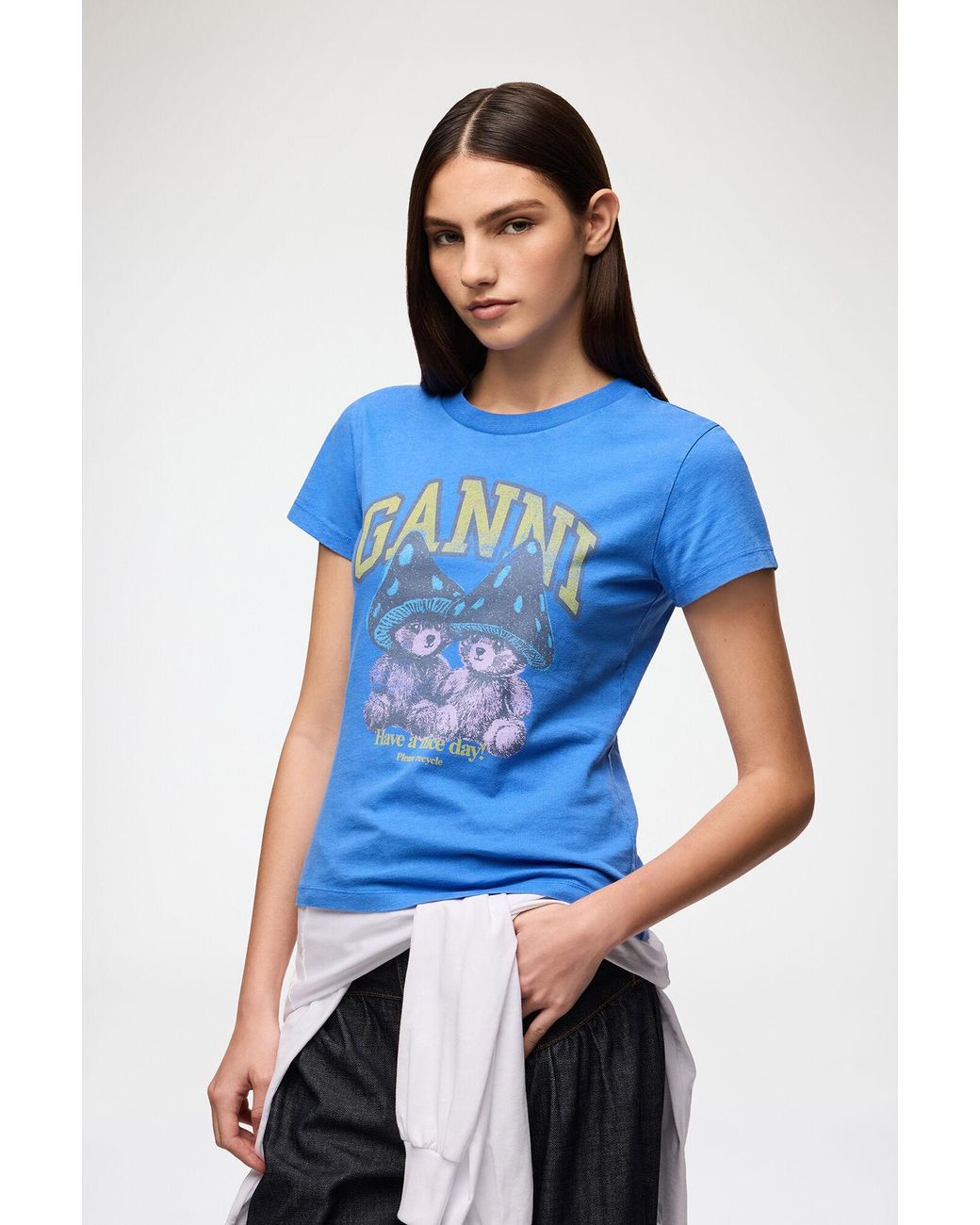 Ganni Blue Baby Fit T-Shirt With Mushroom Teddy