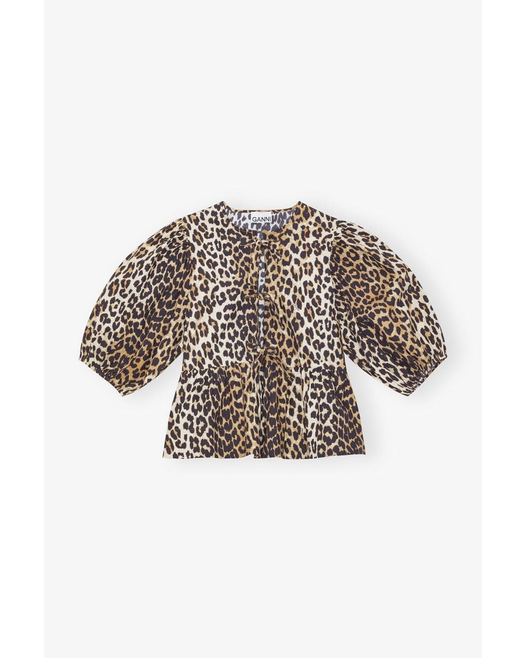 Ganni Multicolor Leopard Cotton Poplin Peplum Tie Blouse