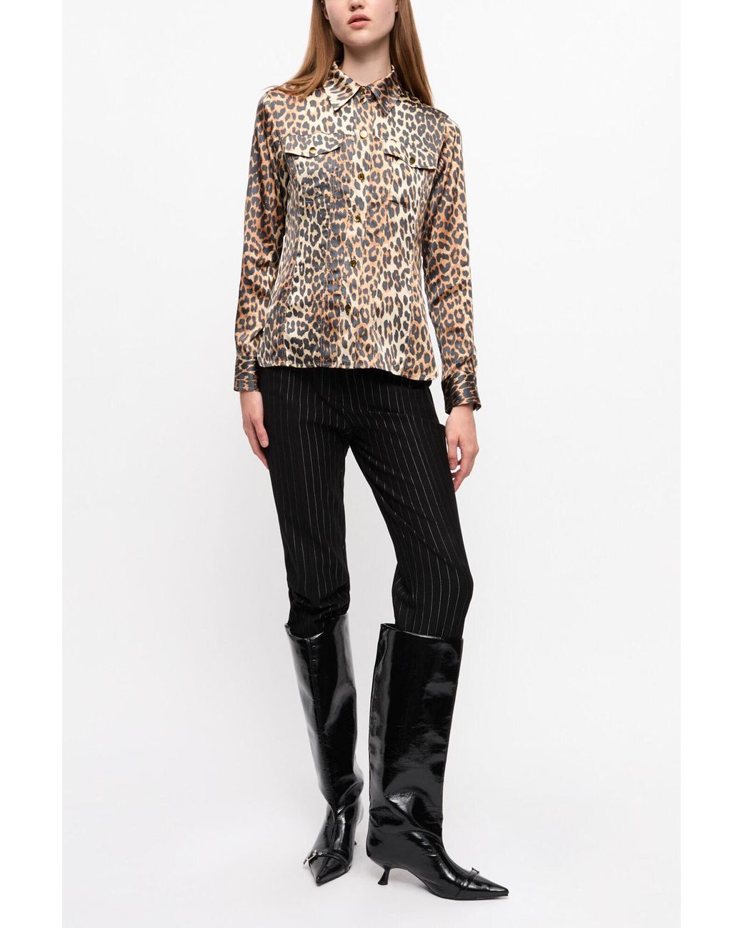 Ganni Natural Leopard Print Satin Shirt