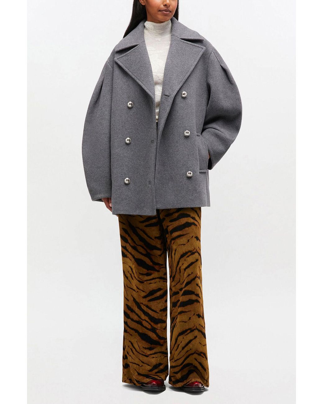 Ganni Gray Wool Oversized Midi Peacoat