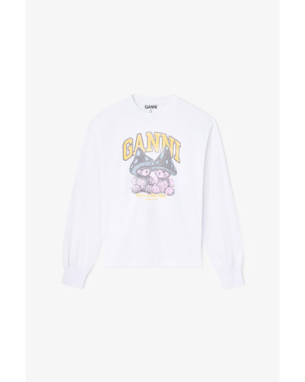 Ganni White Long-Sleeve T-Shirt With Mushroom Teddy