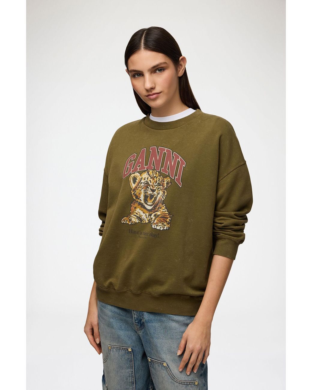 Ganni Green Sweatshirt With Tiger