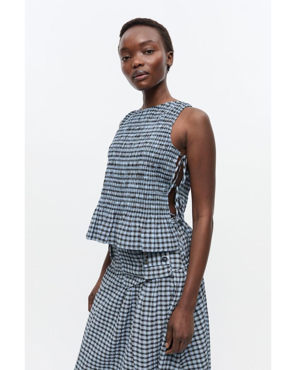 Ganni Seersucker Check Smock Tie String Top in Blue | Lyst