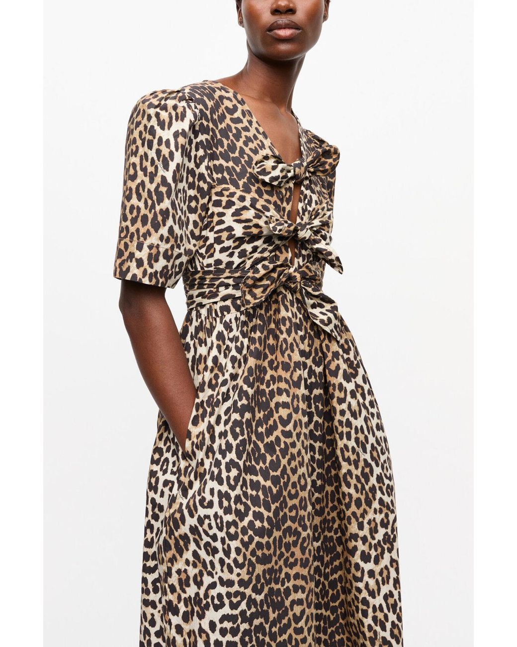 Ganni Natural Leopard Printed Cotton Tie Strap Midi Dress