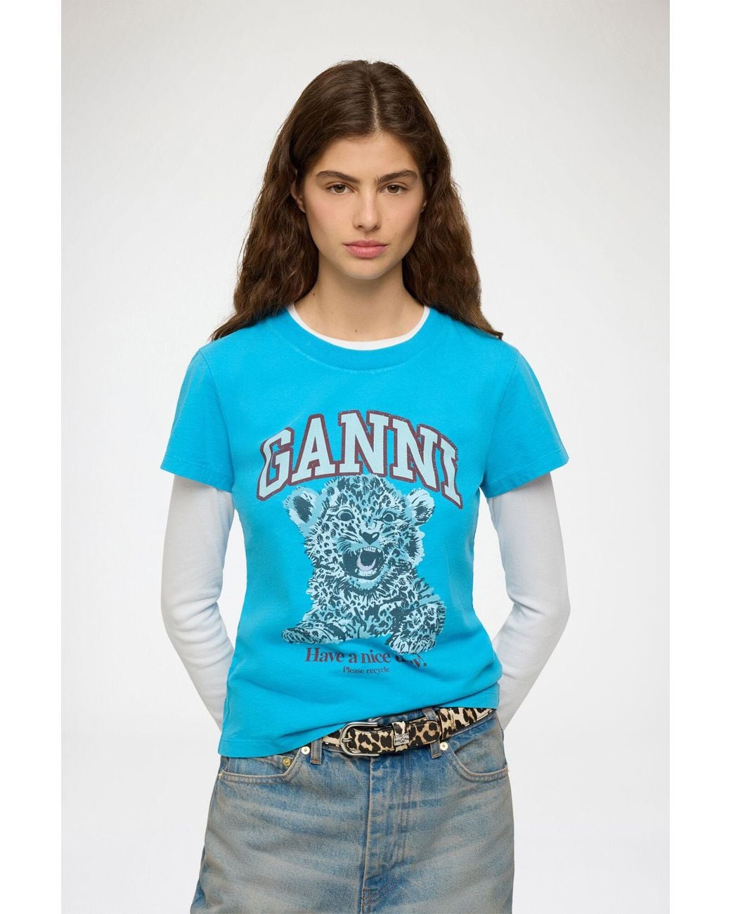 Ganni Blue Baby Fit T-Shirt With Tiger