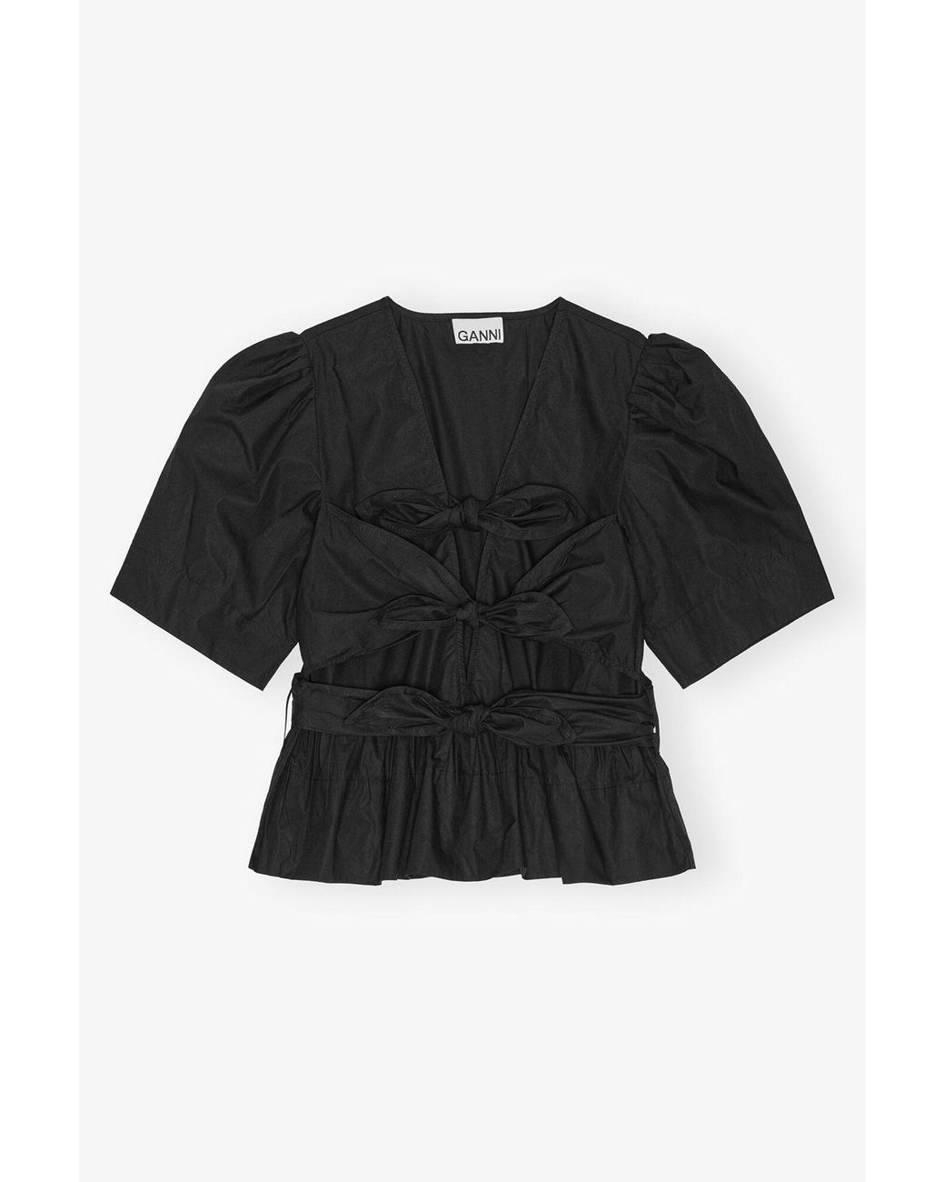 Ganni Black Stretch Cotton Tie Strap Blouse