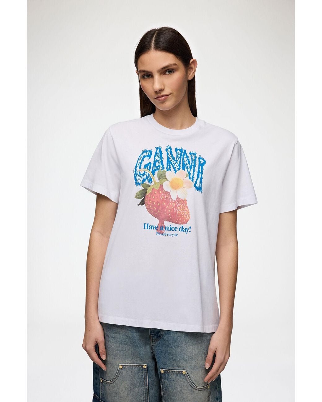 Ganni White T-Shirt With Strawberry