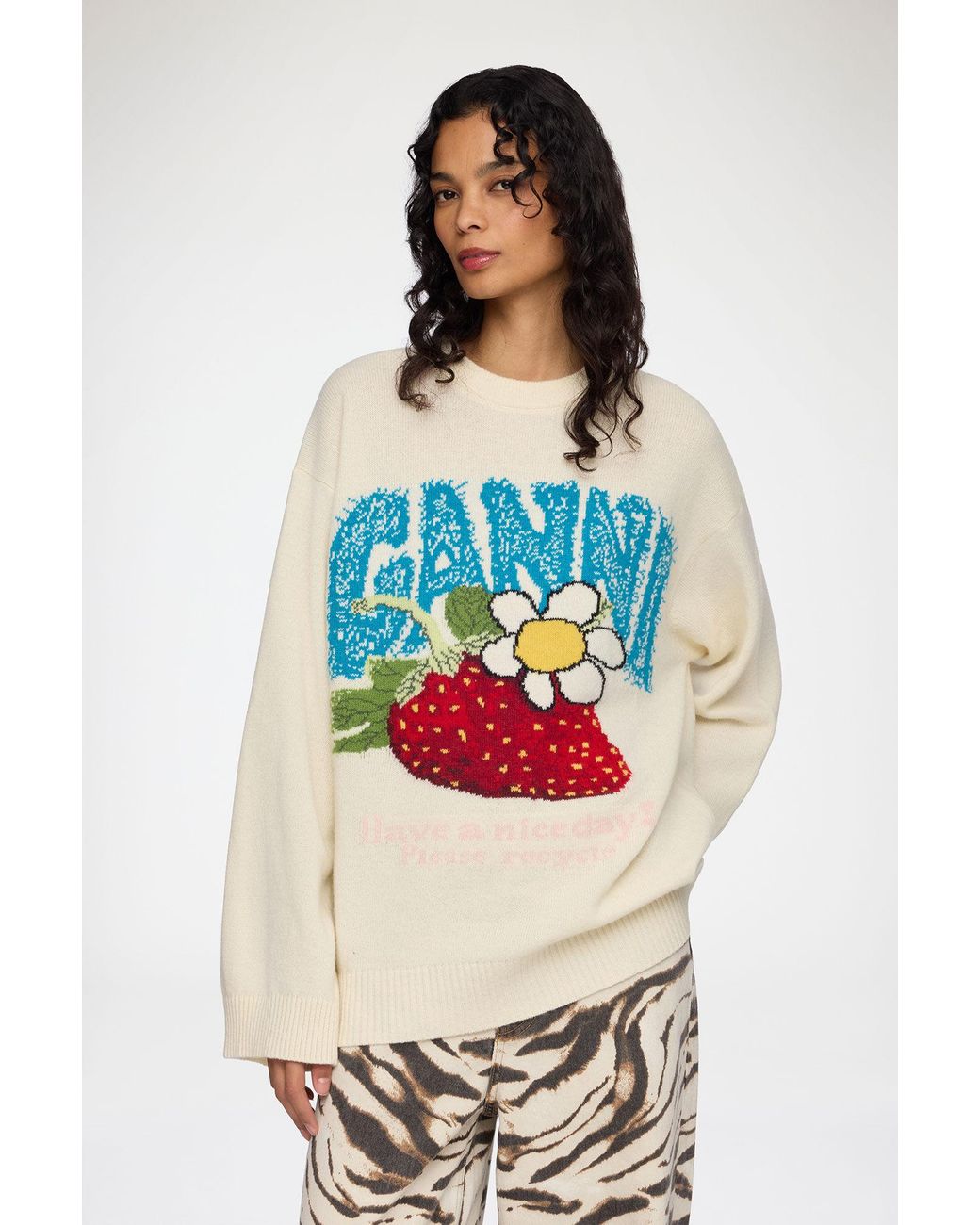 Ganni Gray Oversized Jumper With Strawberry