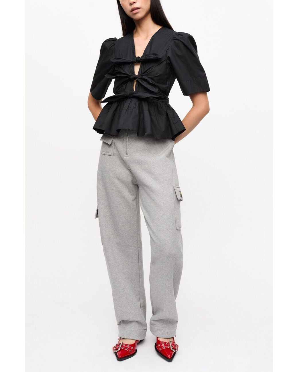 Ganni Black Stretch Cotton Tie Strap Blouse