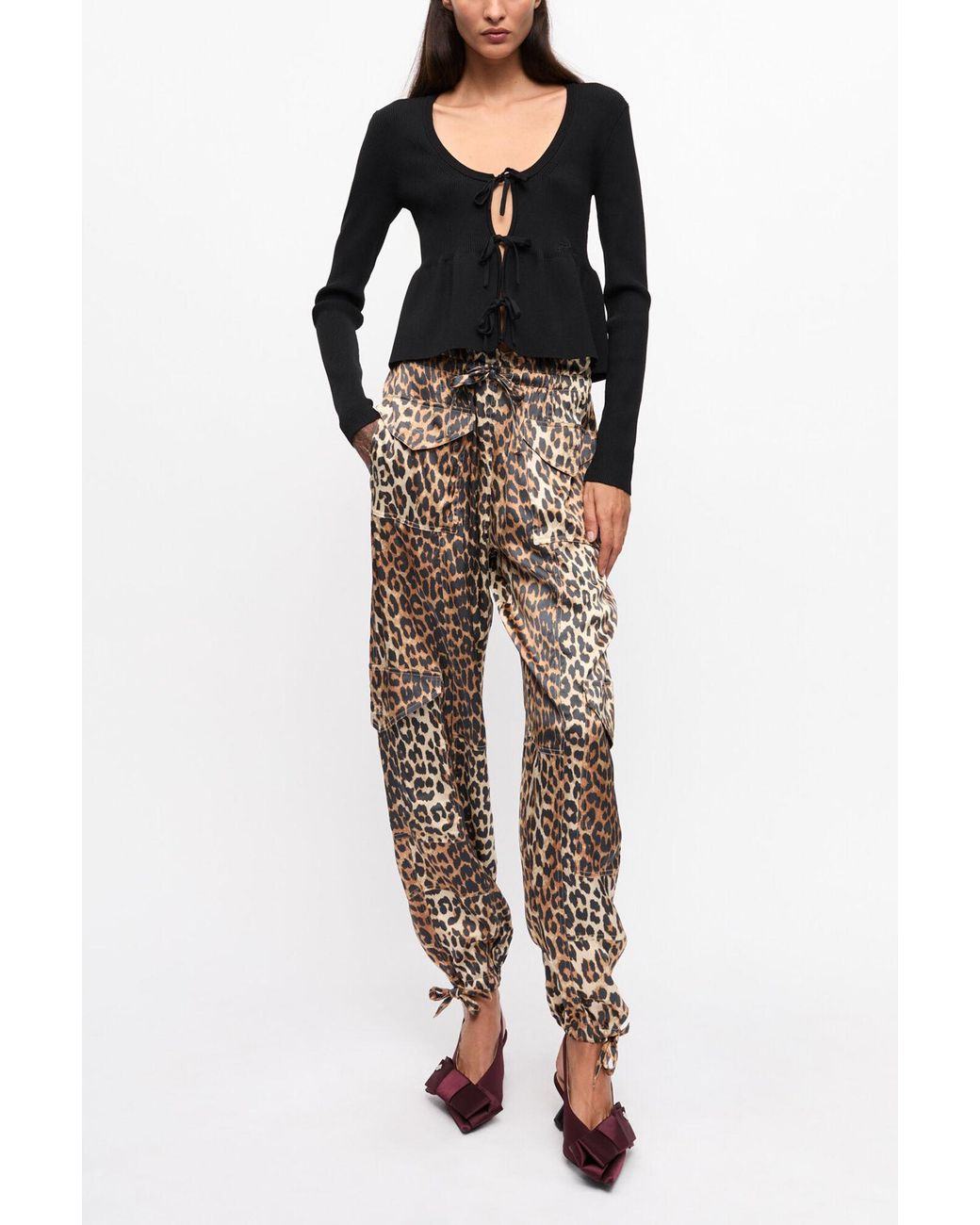 Ganni White Leopard Printed Satin Trousers