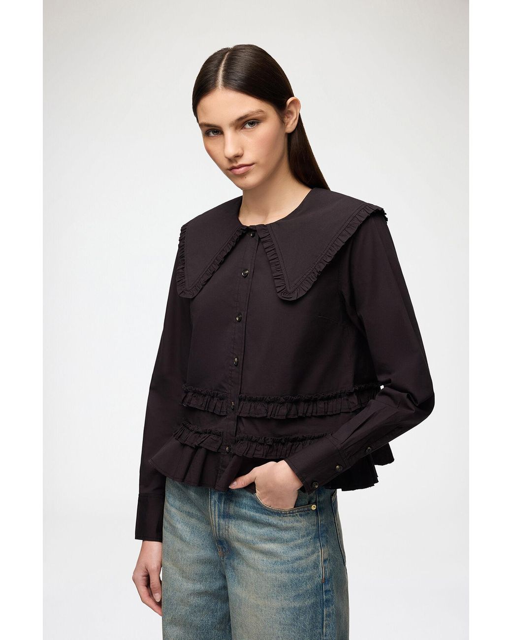 Ganni Black Stretch Cotton Ruffle Shirt