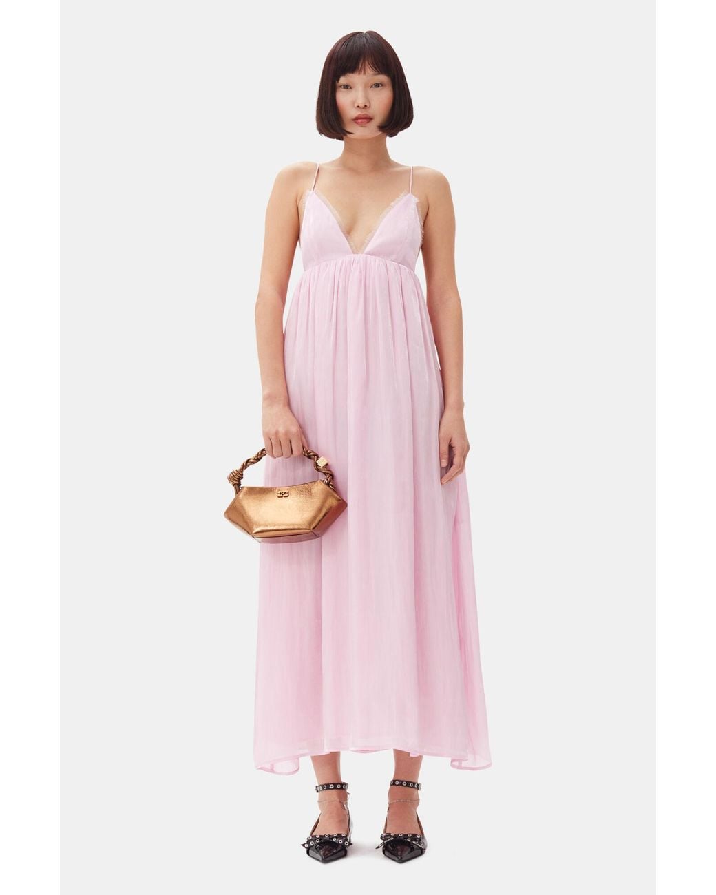 open lace back dress Ganni Shiny Tech Strap Midi Dress