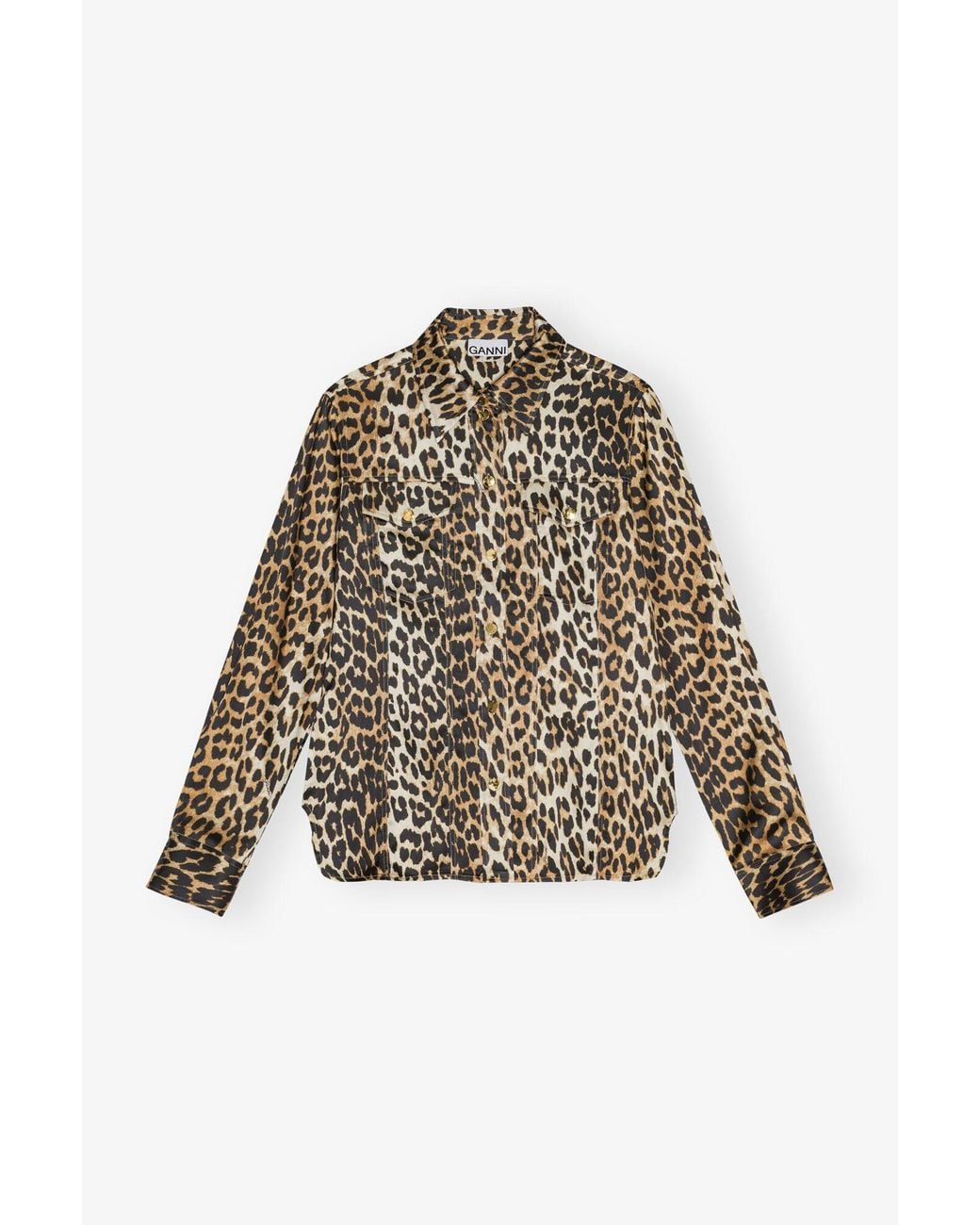 Ganni Natural Leopard Print Satin Shirt