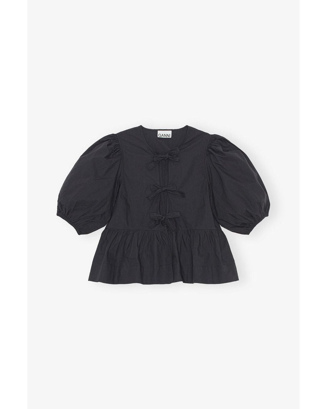 Ganni Black Cotton Poplin Peplum Tie Blouse