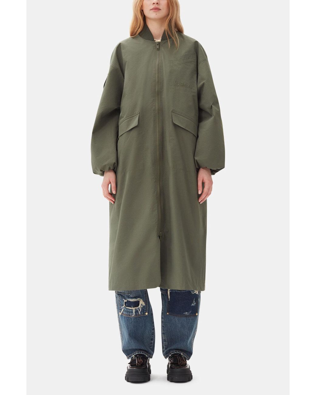 Ganni Green Tech Seersucker Oversized Shell Coat