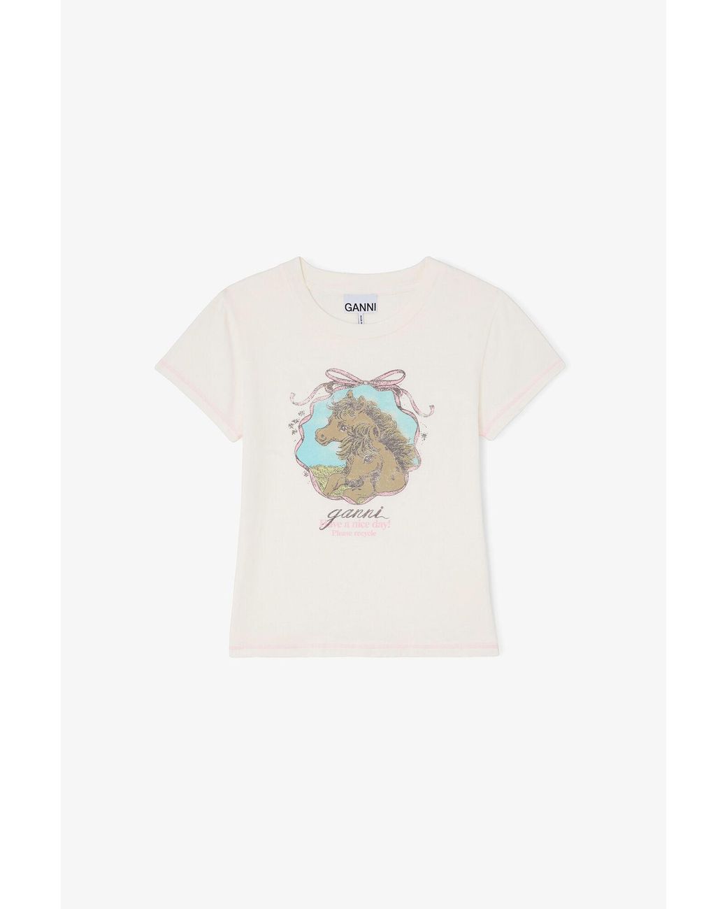 Ganni White Baby Fit T-Shirt With Horses
