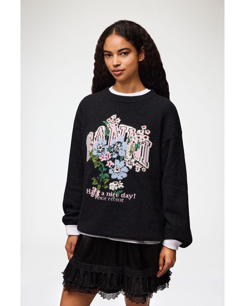 Ganni Black Oversized Jumper With Flowers