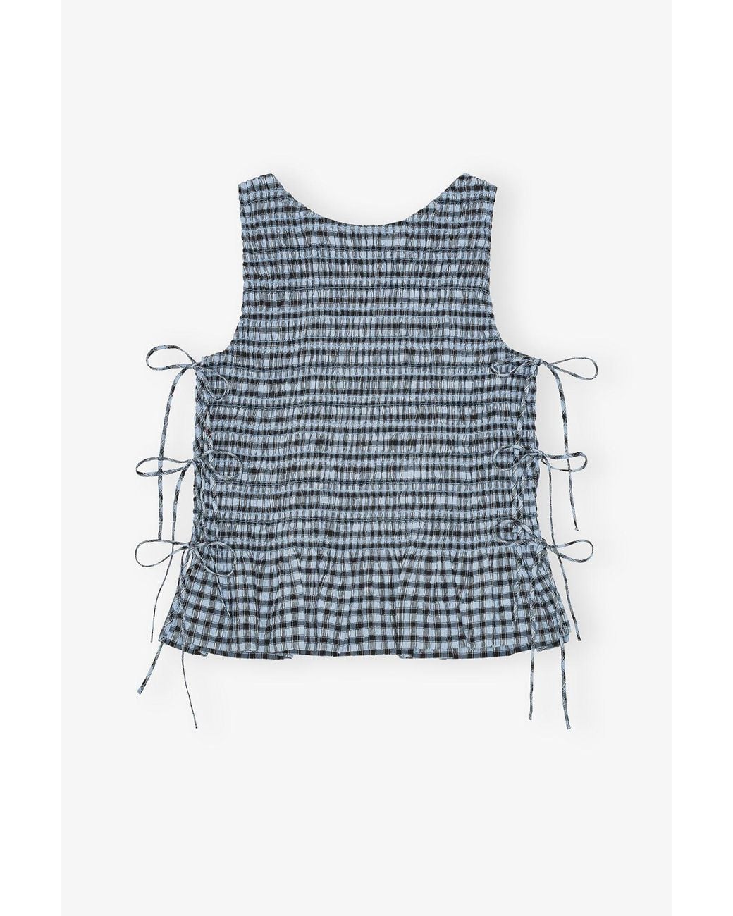 Ganni Seersucker Check Smock Tie String Top in Blue | Lyst UK