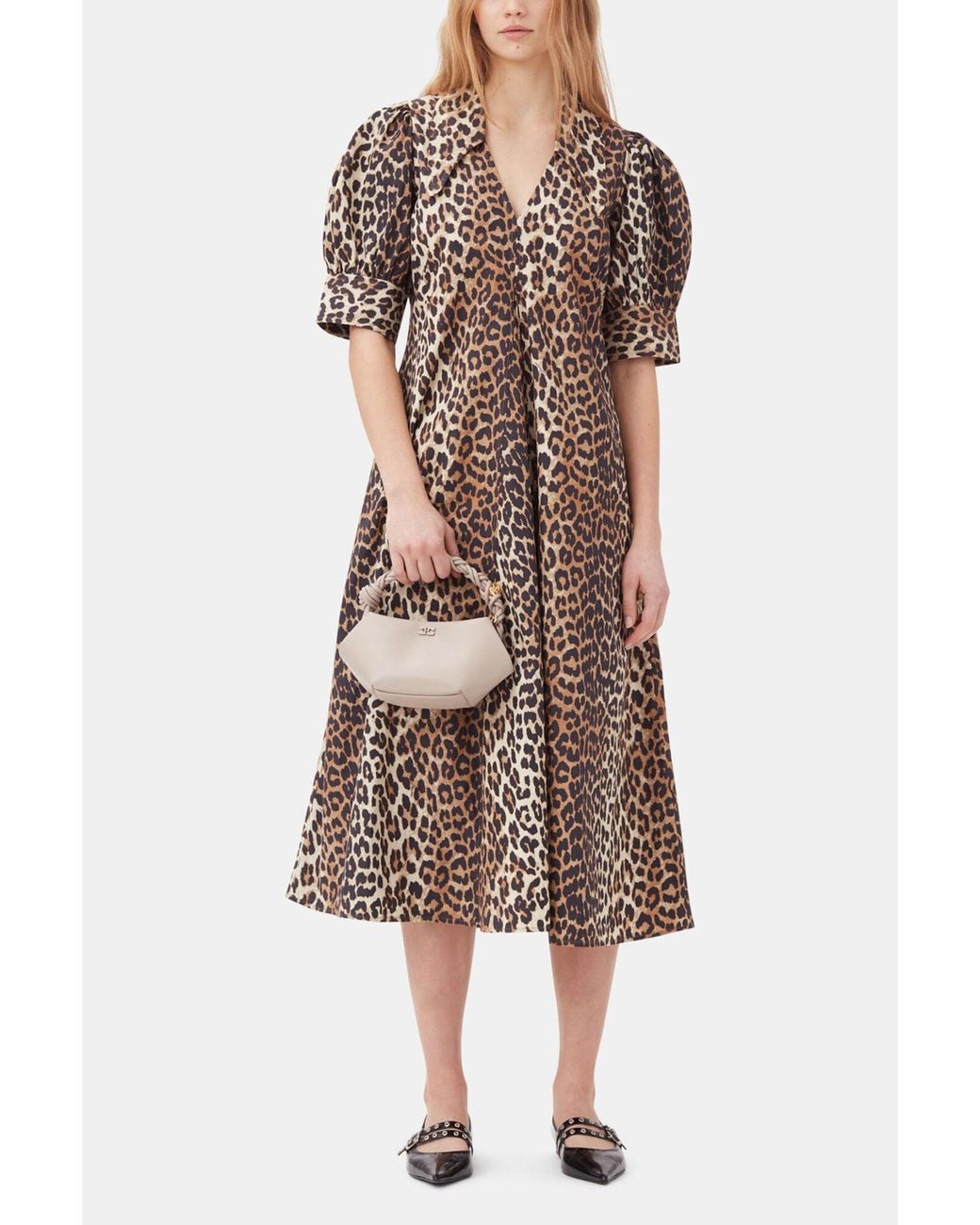 Ganni Brown Leopard Cotton Poplin V-Neck Maxi Dress