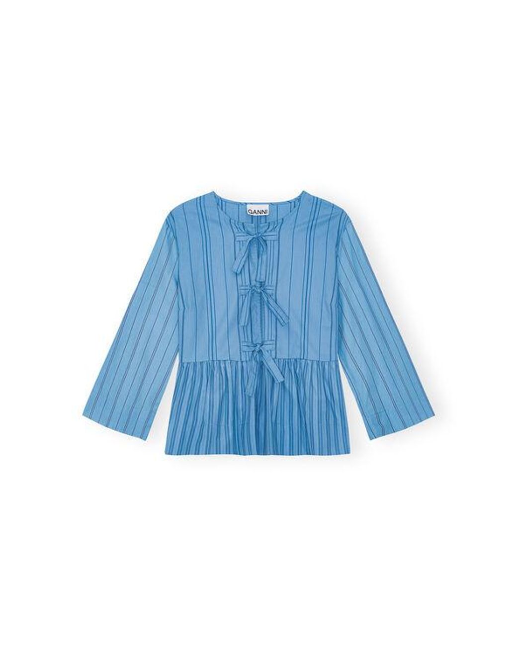 Ganni Long Sleeve Re-cut Striped Cotton Peplum Blouse in