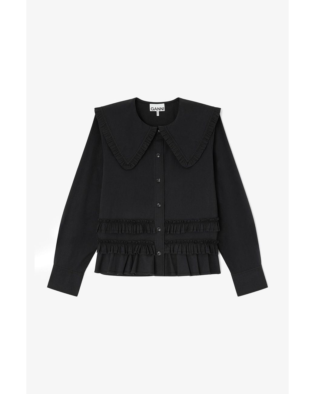 Ganni Black Stretch Cotton Ruffle Shirt