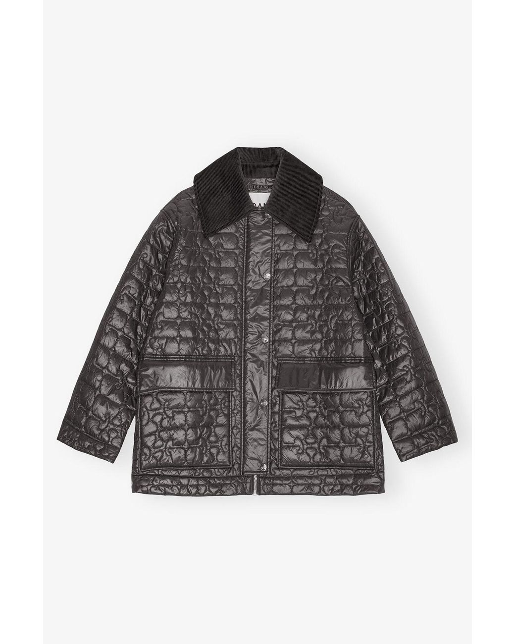 Ganni Black Shiny Quilt Midi Jacket Nylon
