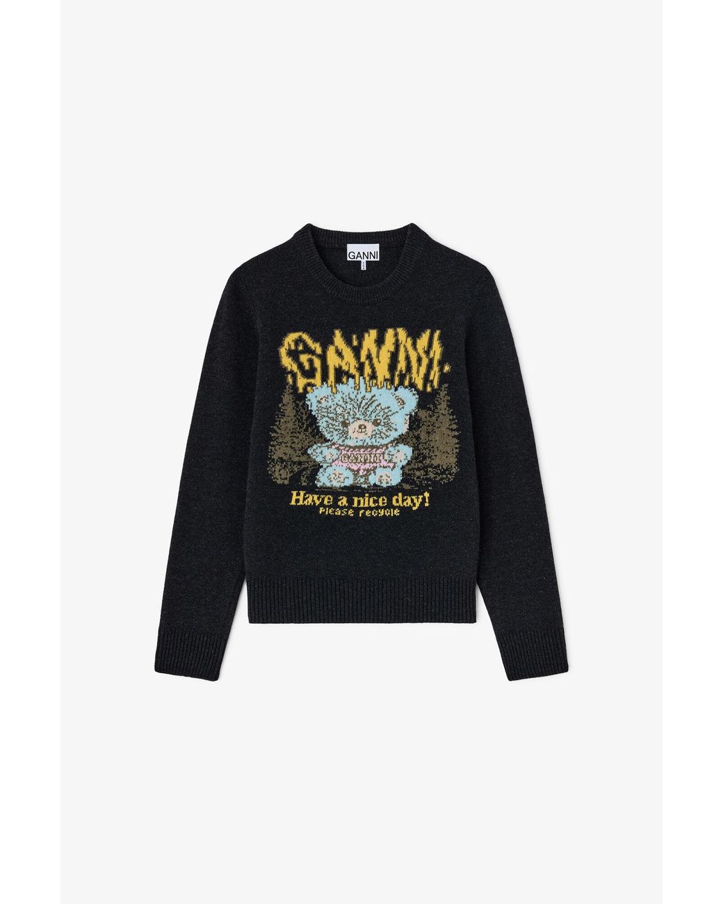 Ganni Black Jumper With Forest Teddy
