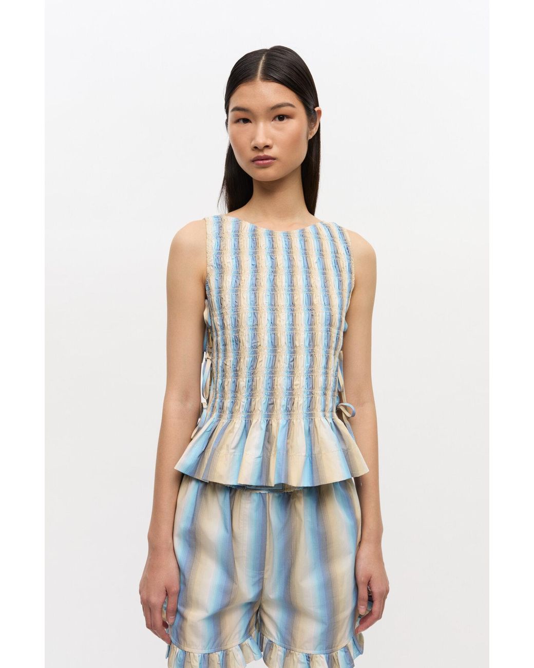 トップス GANNI Ombre Stripe Smock Tie String Top Ganni Ombre Striped Cotton Smock Tie Top in White | Lyst