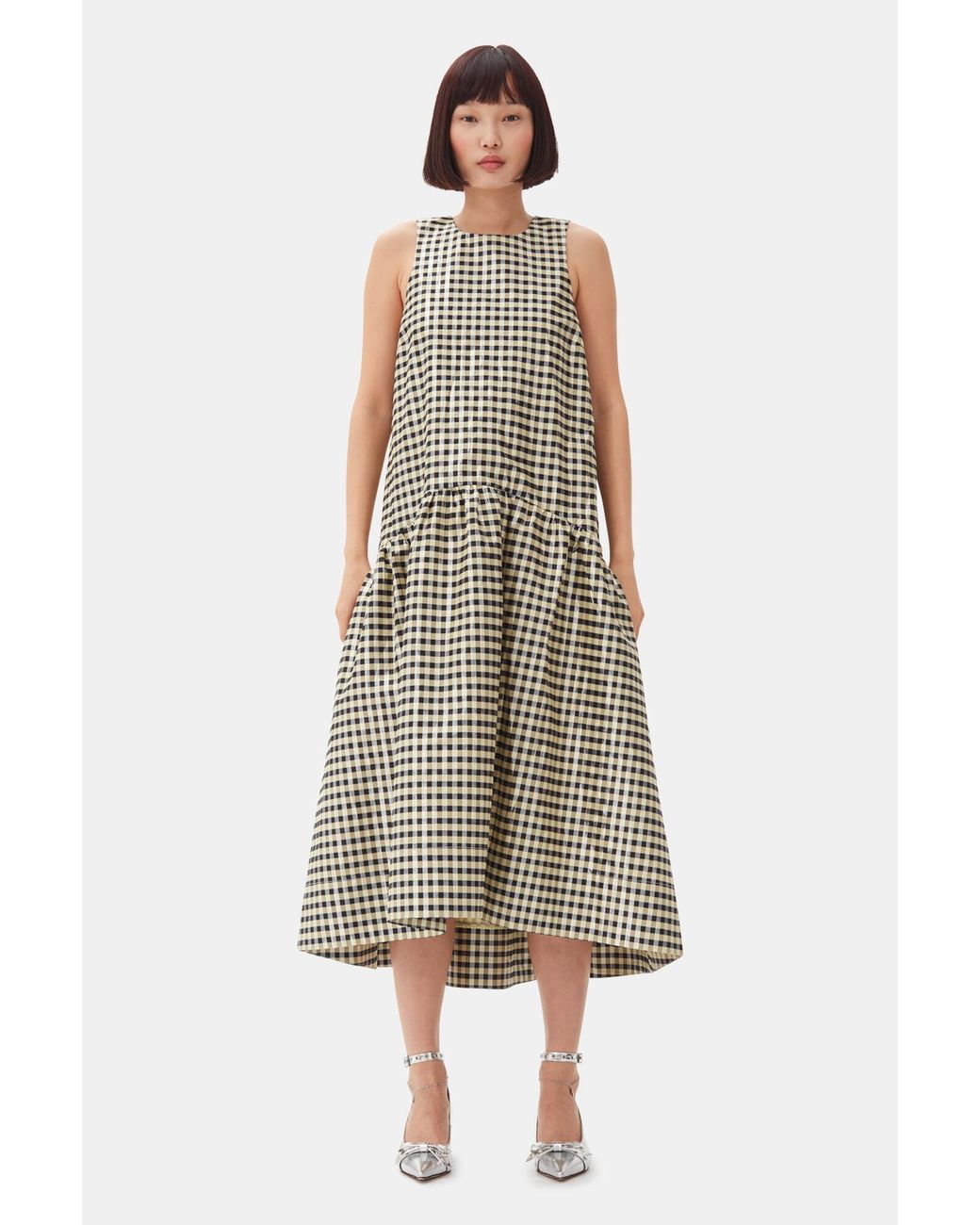 Ganni Shiny Check Jacquard Midi Dress in Natural | Lyst