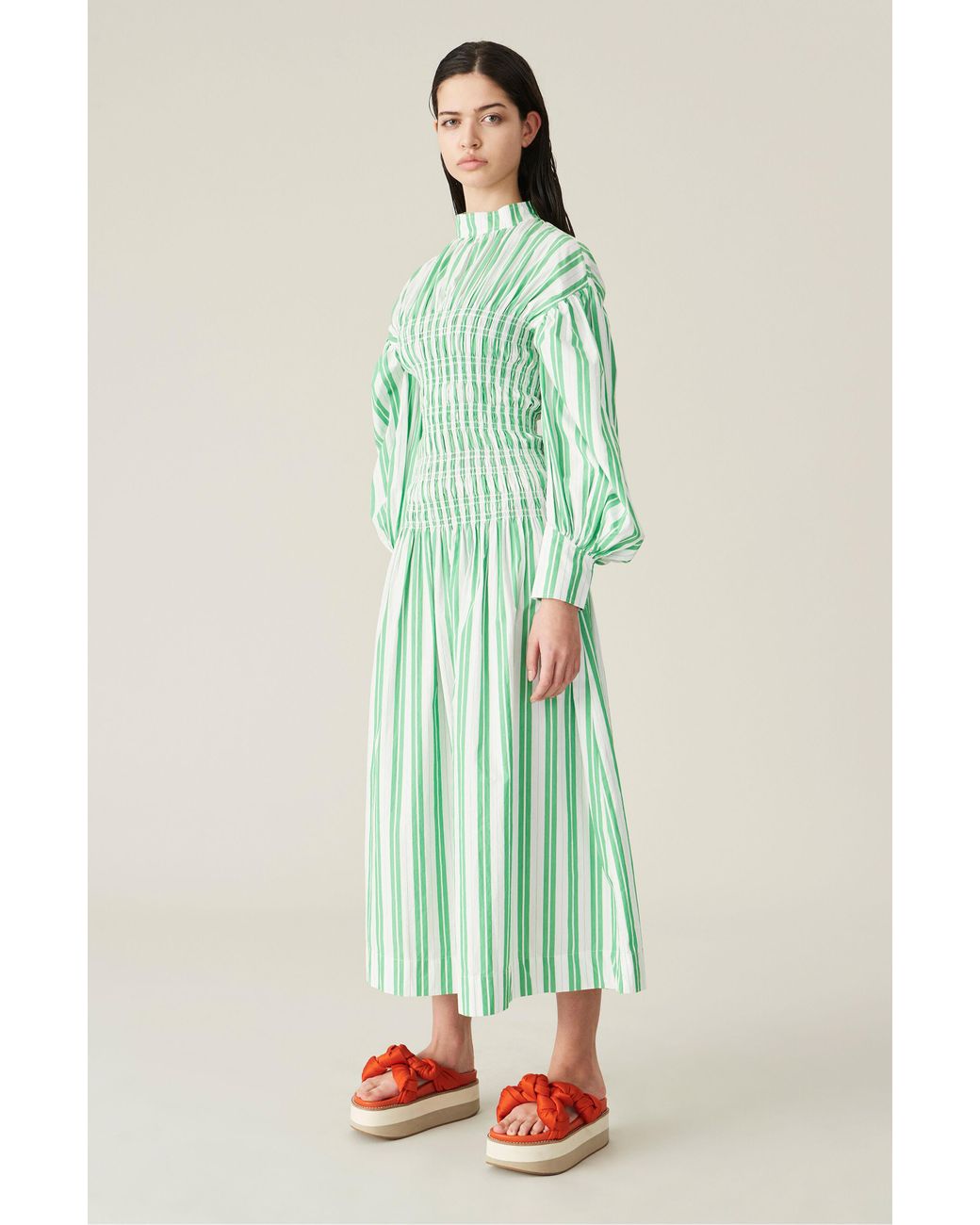 Ganni Stripe Cotton Smock Dress in Green - Lyst