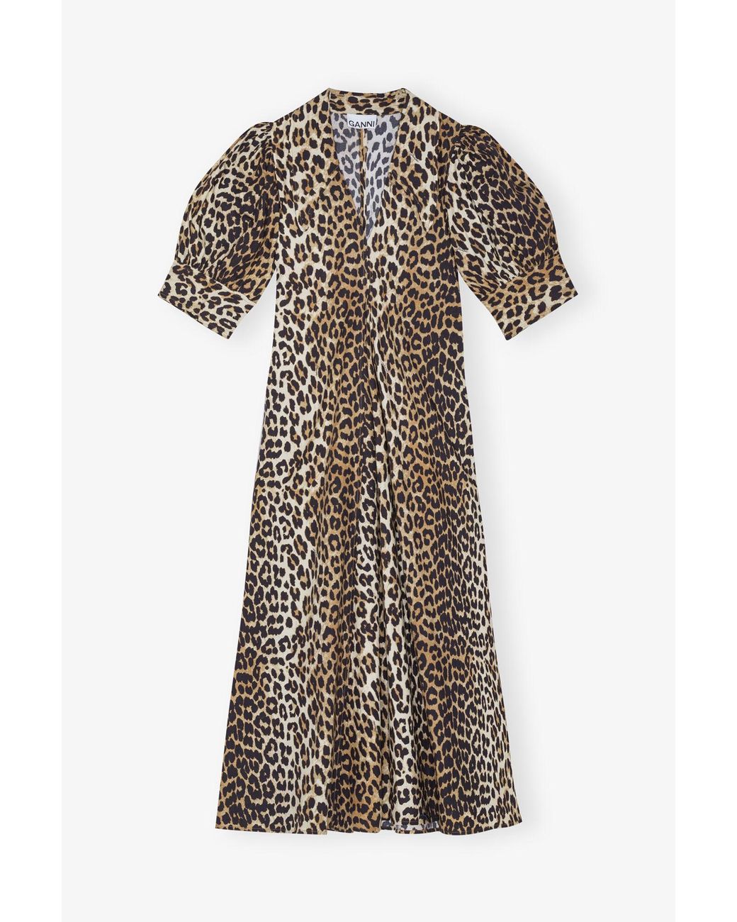 Ganni Brown Leopard Cotton Poplin V-Neck Maxi Dress