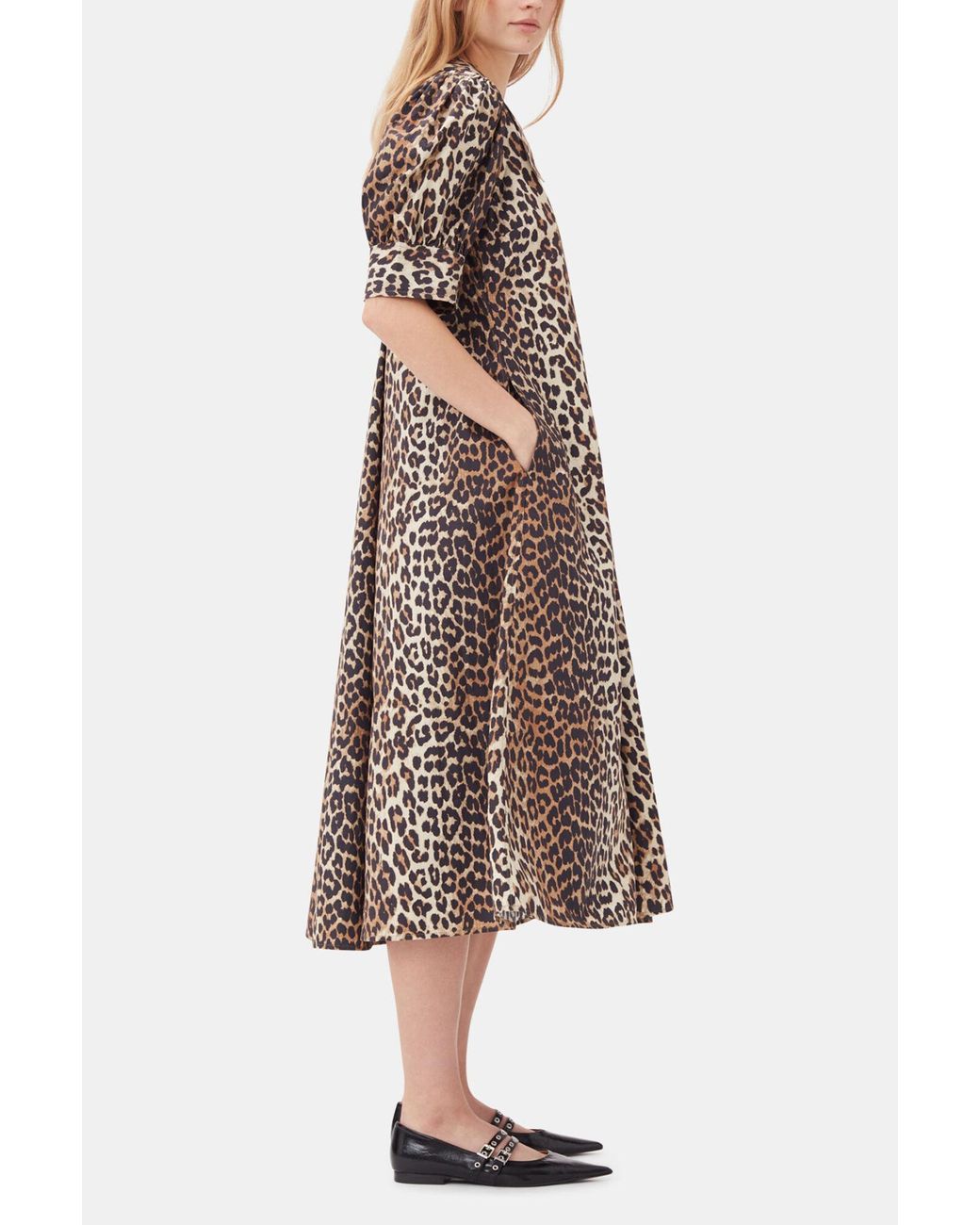 Ganni Brown Leopard Cotton Poplin V-Neck Maxi Dress