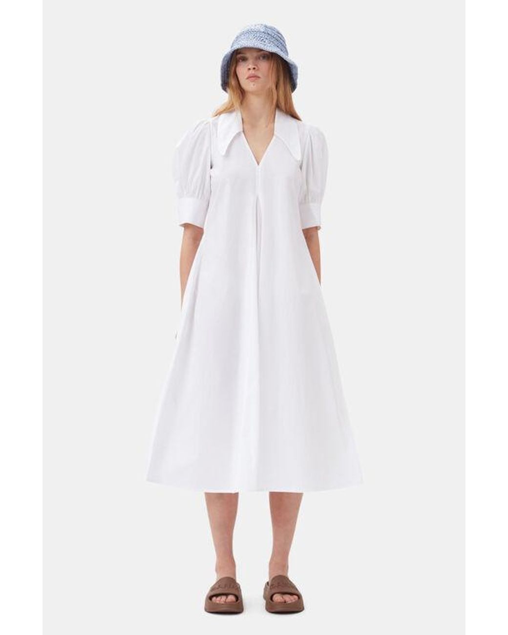 Ganni Poplin Midi Dress in White | Lyst