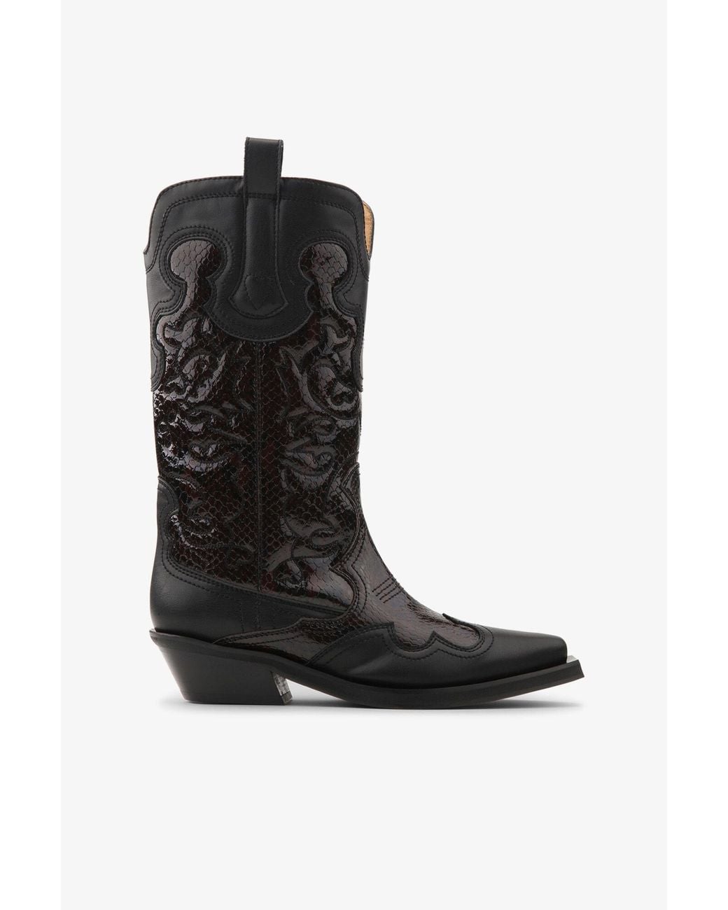 Ganni Black Mid Shaft Embroidered Western Boots