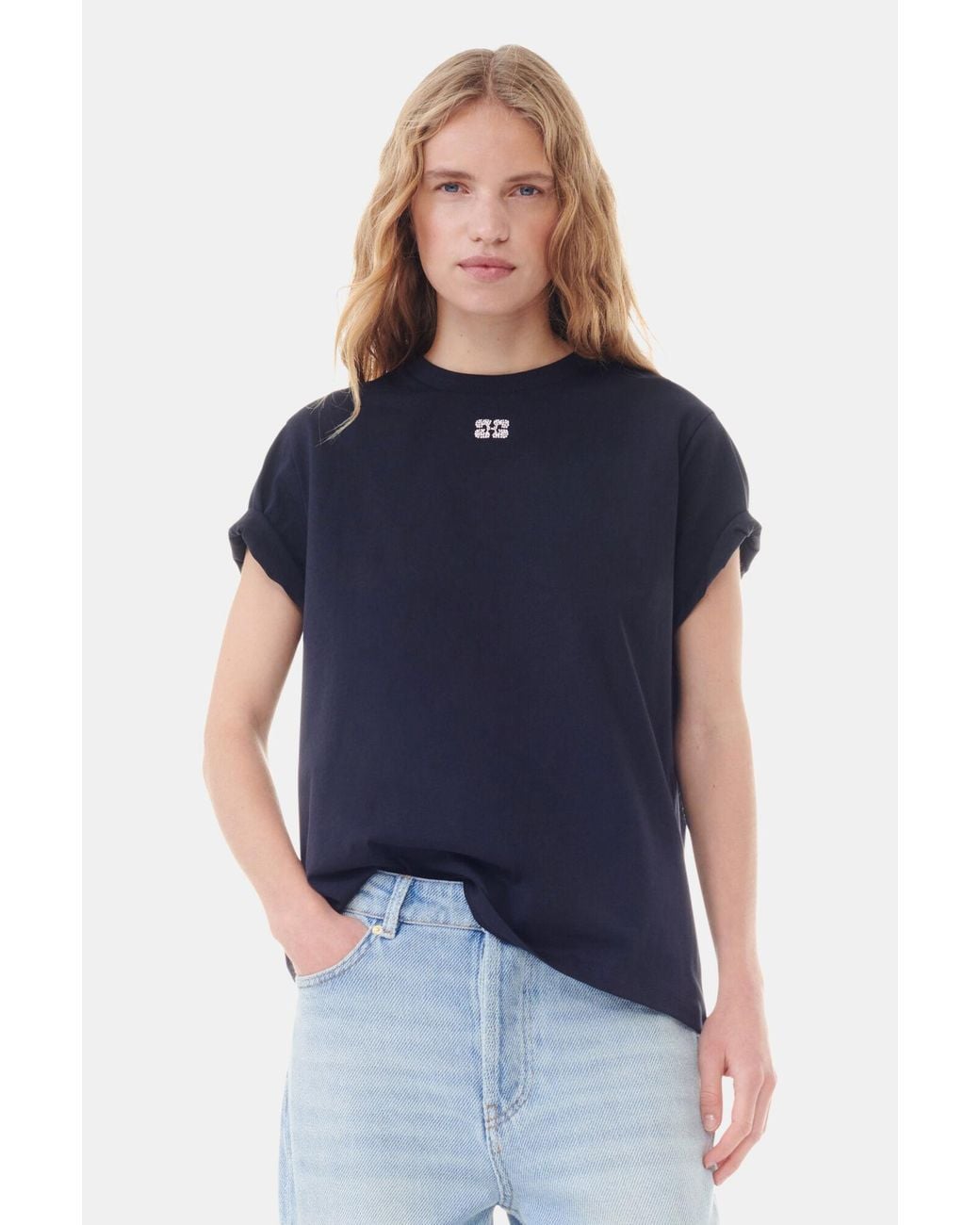 Ganni Dark Relaxed Rhinestone T-Shirt in Blue | Lyst
