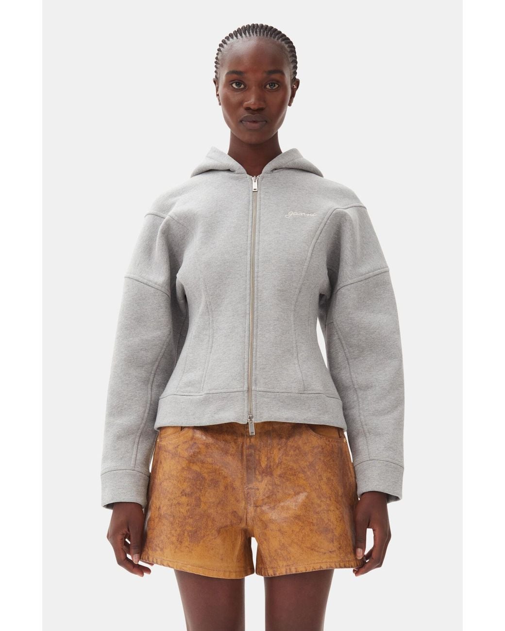 Ganni Fleece Zip Hoodie in Gray | Lyst