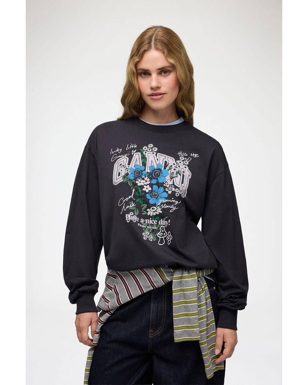 Ganni Blue Long-Sleeve T-Shirt With Flowers