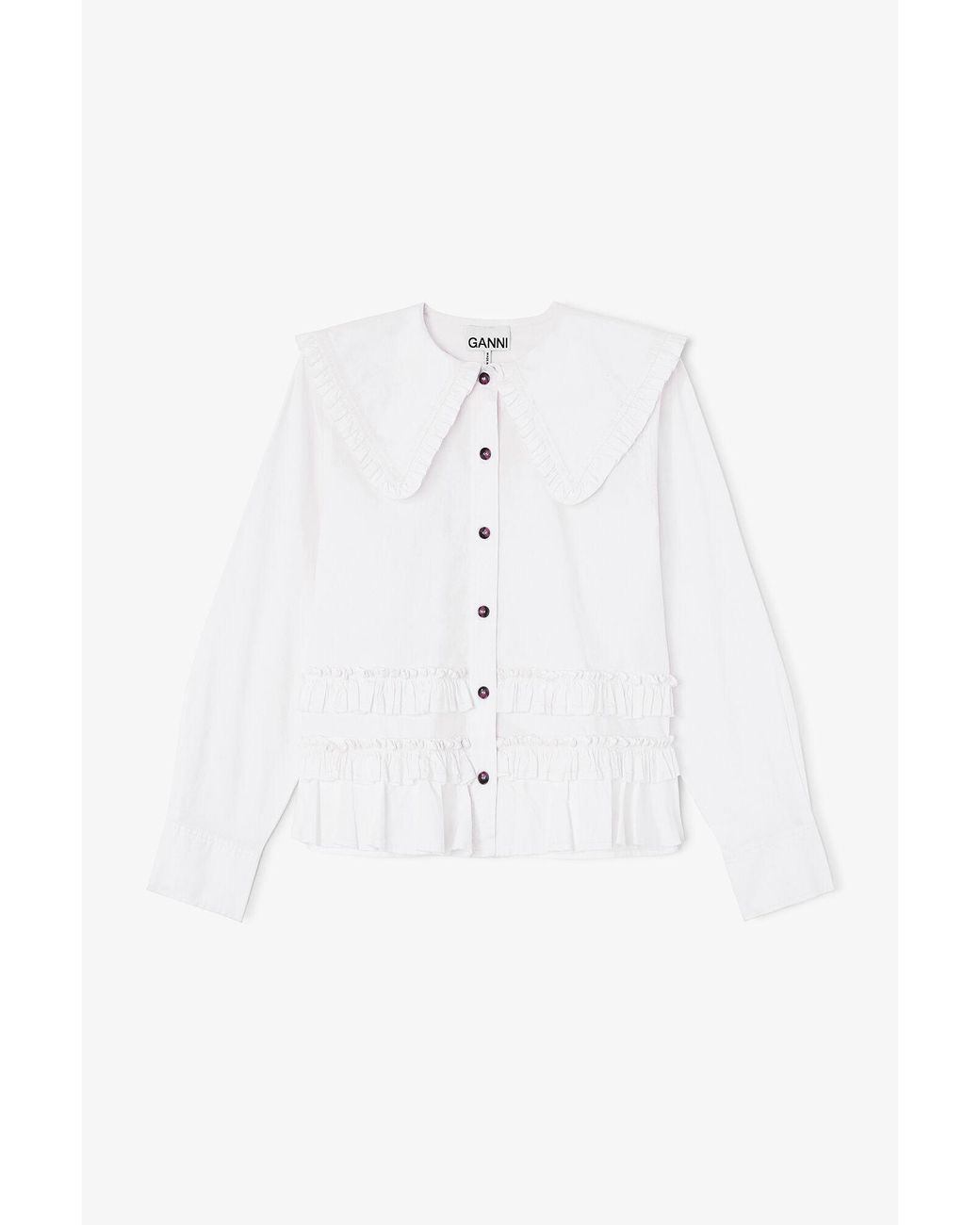 Ganni Blue Stretch Cotton Ruffle Shirt