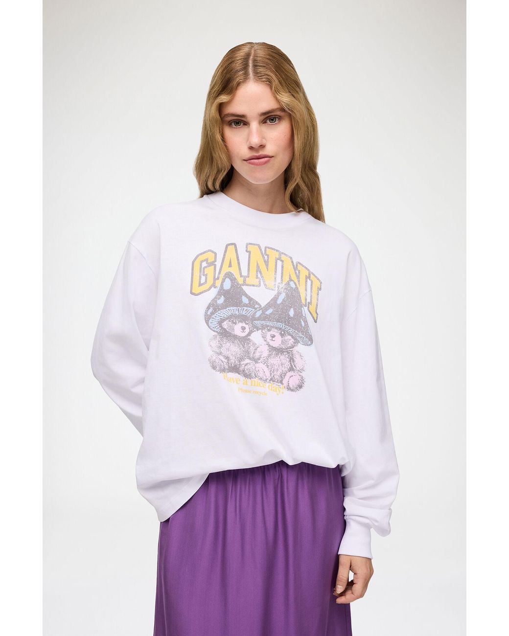Ganni White Long-Sleeve T-Shirt With Mushroom Teddy