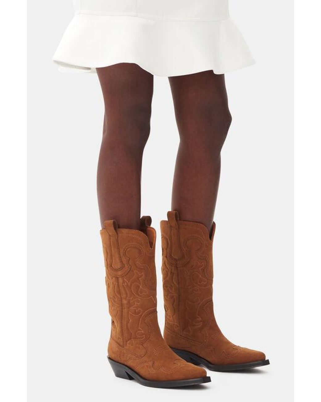 GANNI|BOOTS (BRWON SUEDE MID SHAFT EMBROIDERED WESTERN Ganni Suede Mid Shaft Embroidered Western Boots in Brown | Lyst