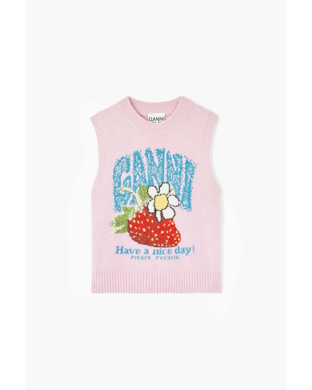 Ganni White Knit Vest With Strawberry